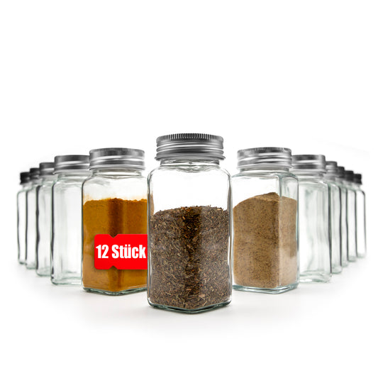 12er Set Gewürzgläser eckig - luftdichte Gewürzdosen lebensmittelecht mit zwei Streueinsätze