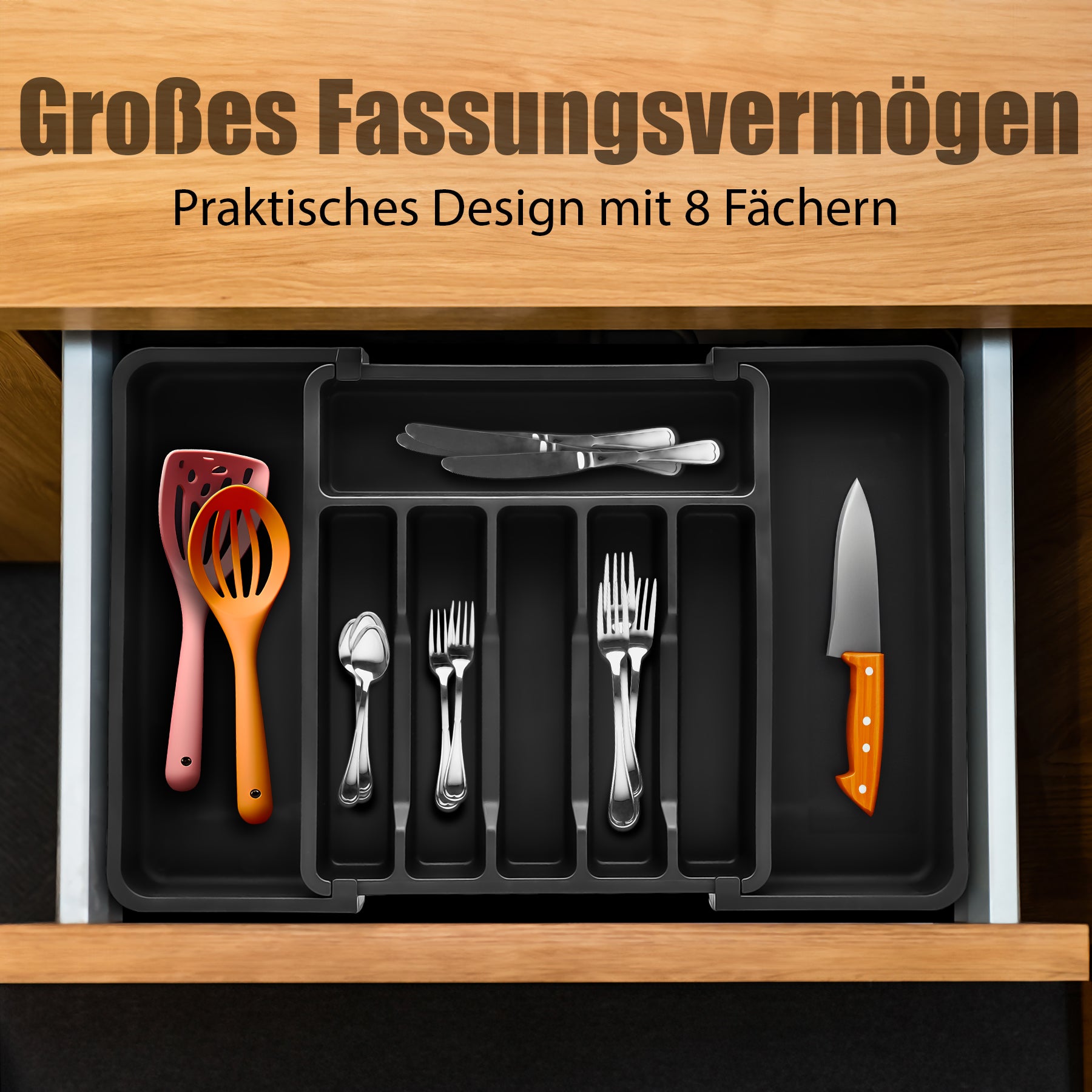 Schubladen Organizer aus Kunststoff in Schwarz – ausziehbarer Besteckkasten für Schubladen – 2