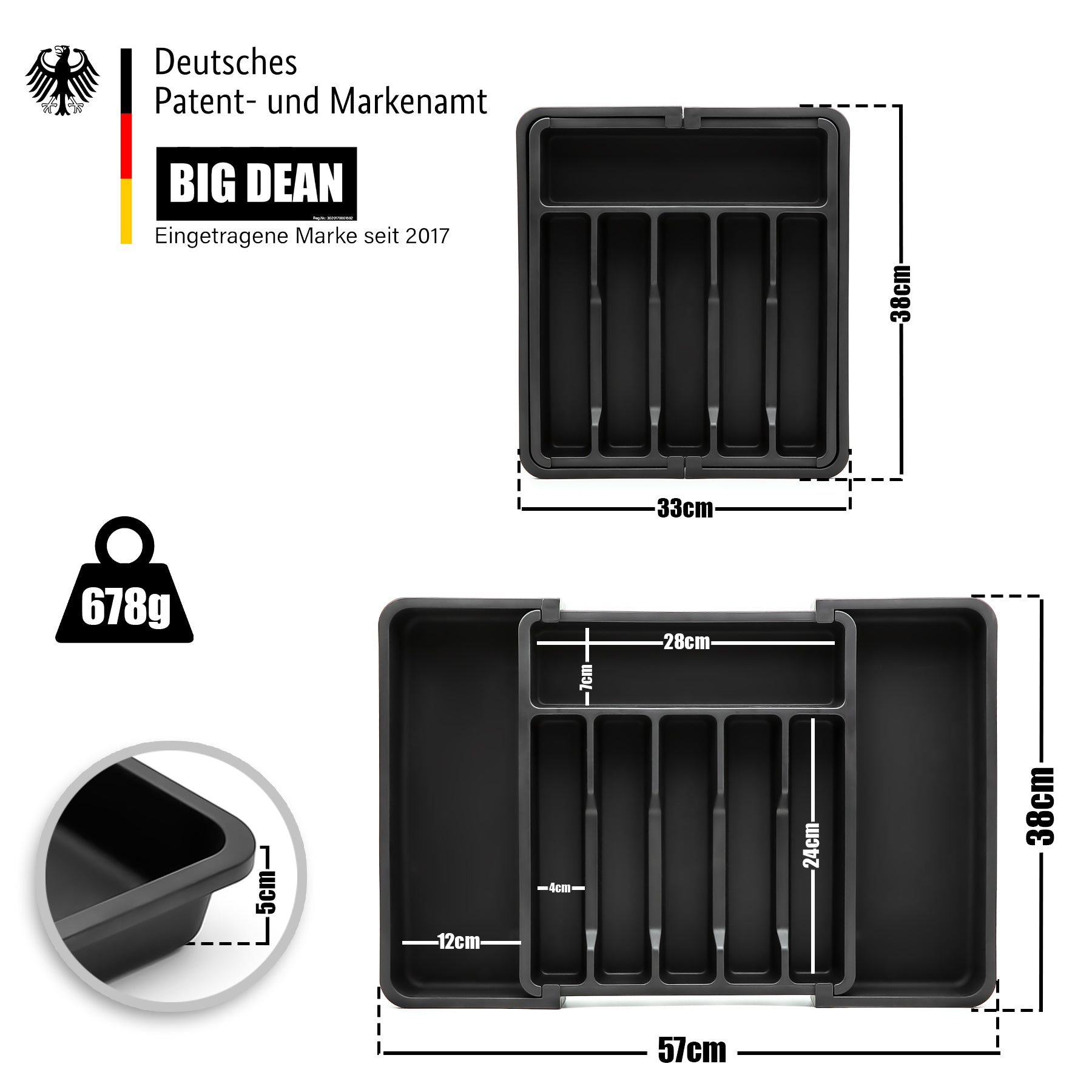 BigDean 2 Stück Schubladen Organizer aus Kunststoff in Schwarz – ausziehbarer Besteckkasten 3