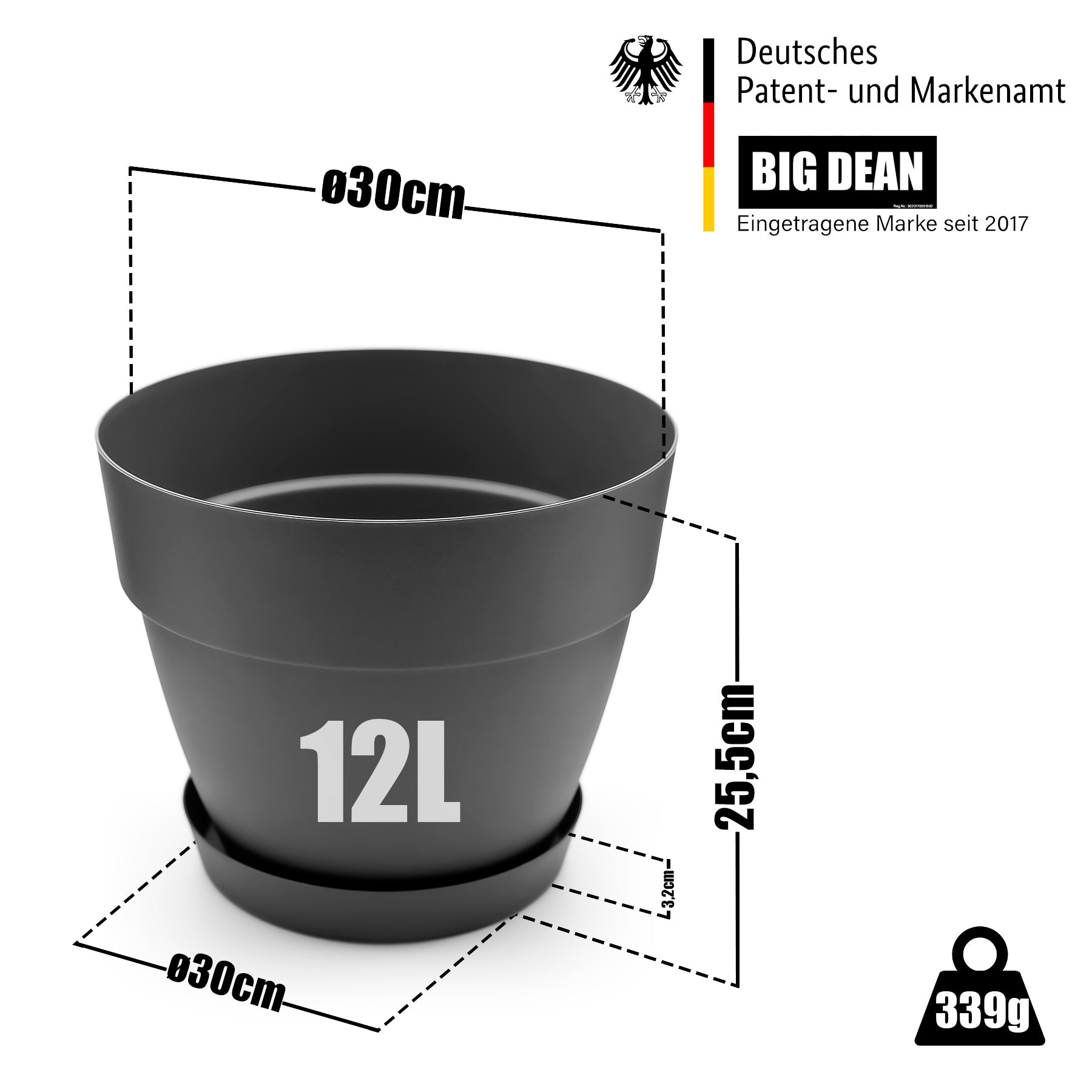 BigDean 3 Stück Blumentopf mit Untersetzer rund ø30 cm in Anthrazit – Übertopf innen + außen 3