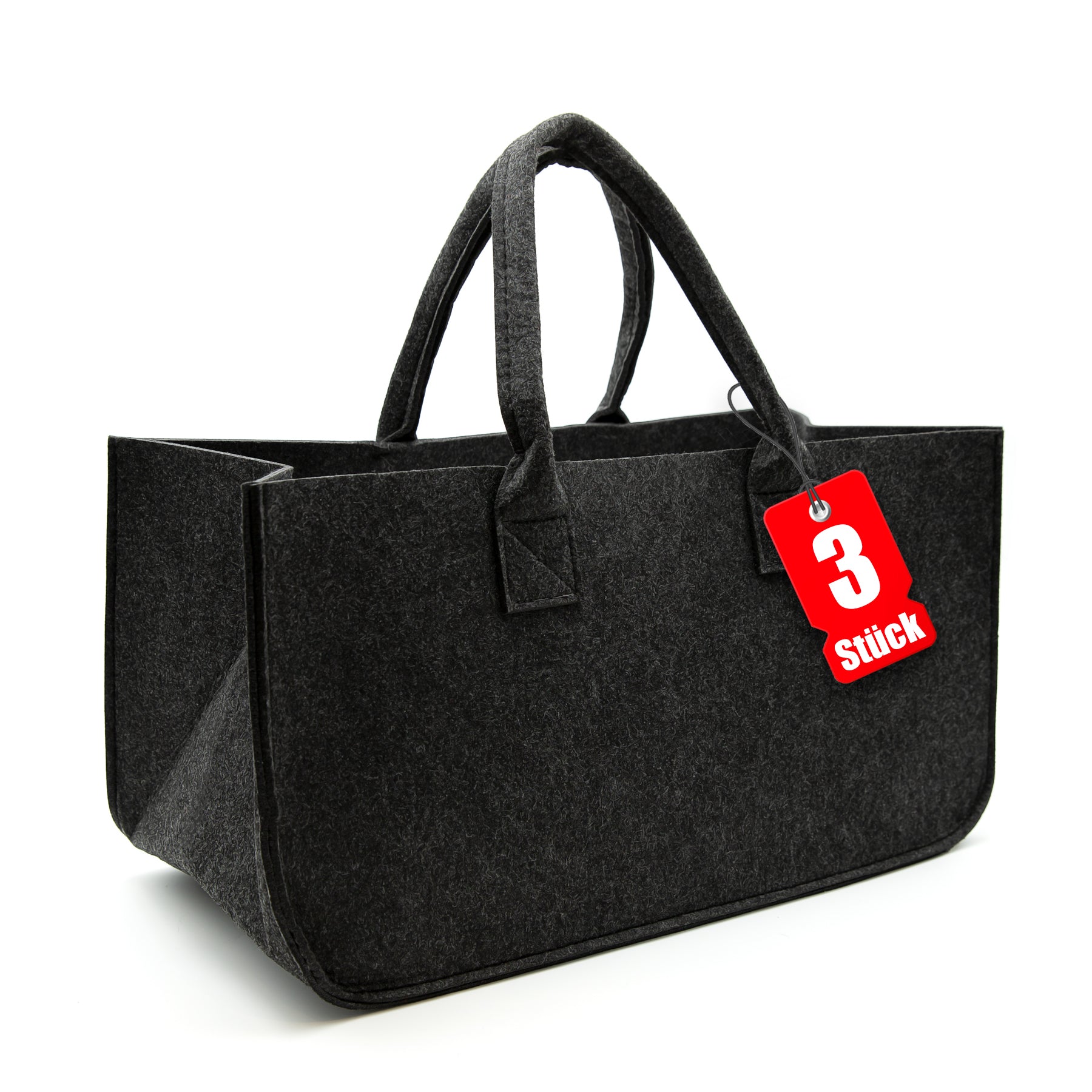 3 Stück Filztasche groß in Anthrazit für Kaminholz oder als Shopper verwendbar