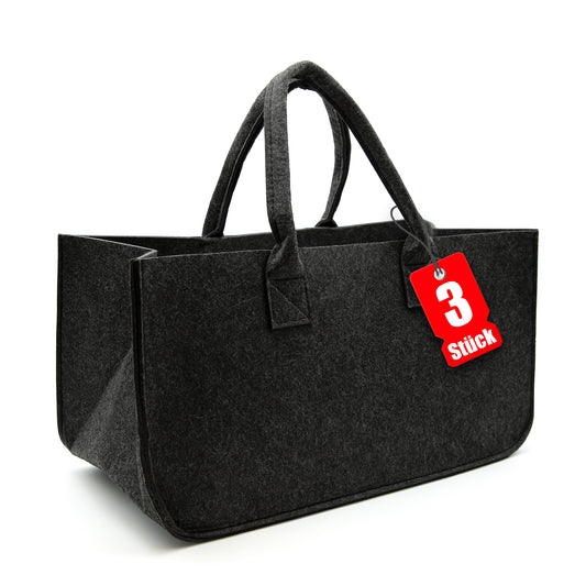 BigDean 3 Stück Filztasche groß in Anthrazit für Kaminholz oder als Shopper verwendbar – Kaminholzkorb im leichten & kompakten Design – faltbarer Holzkorb image 1