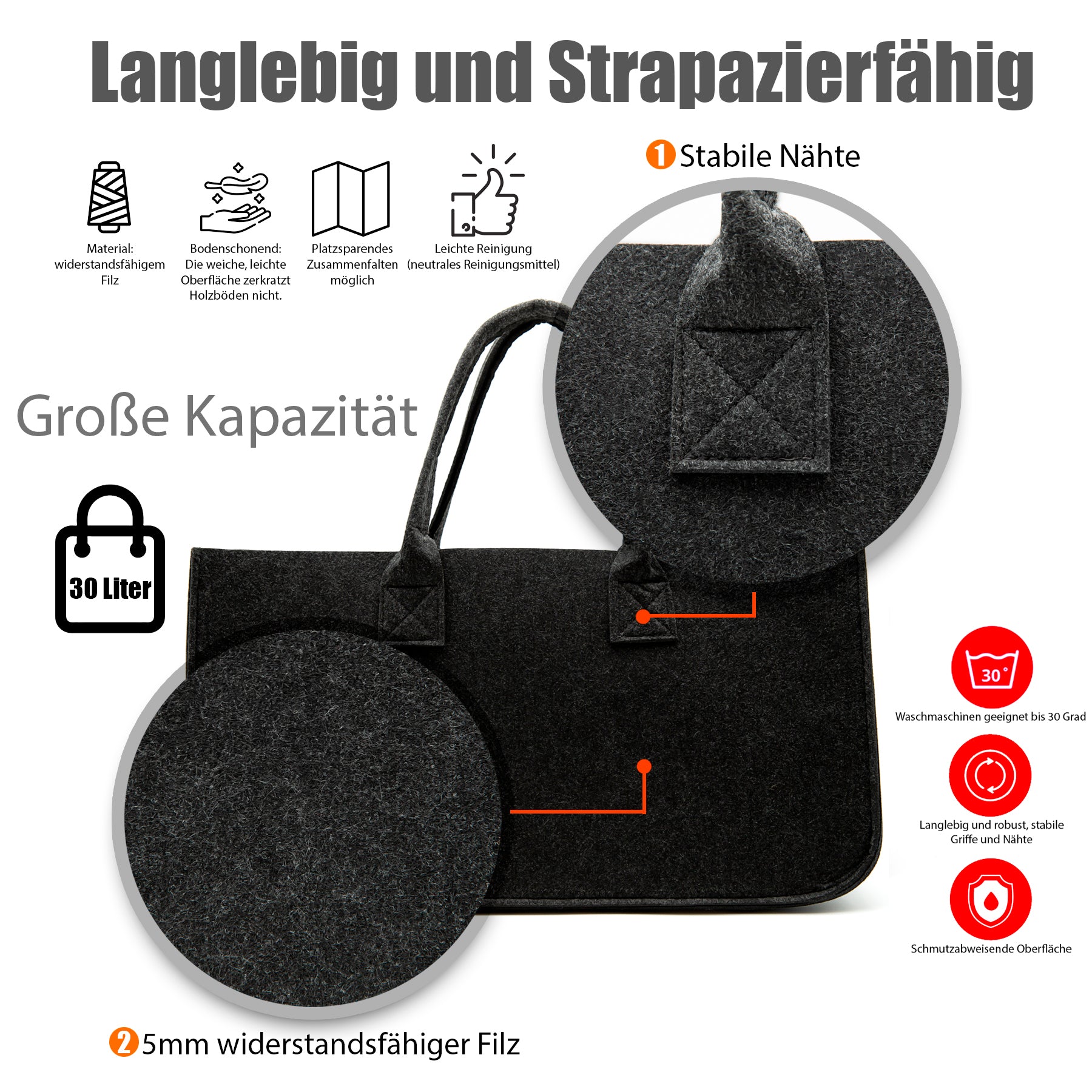 3 Stück Filztasche groß in Anthrazit für Kaminholz oder als Shopper verwendbar 4