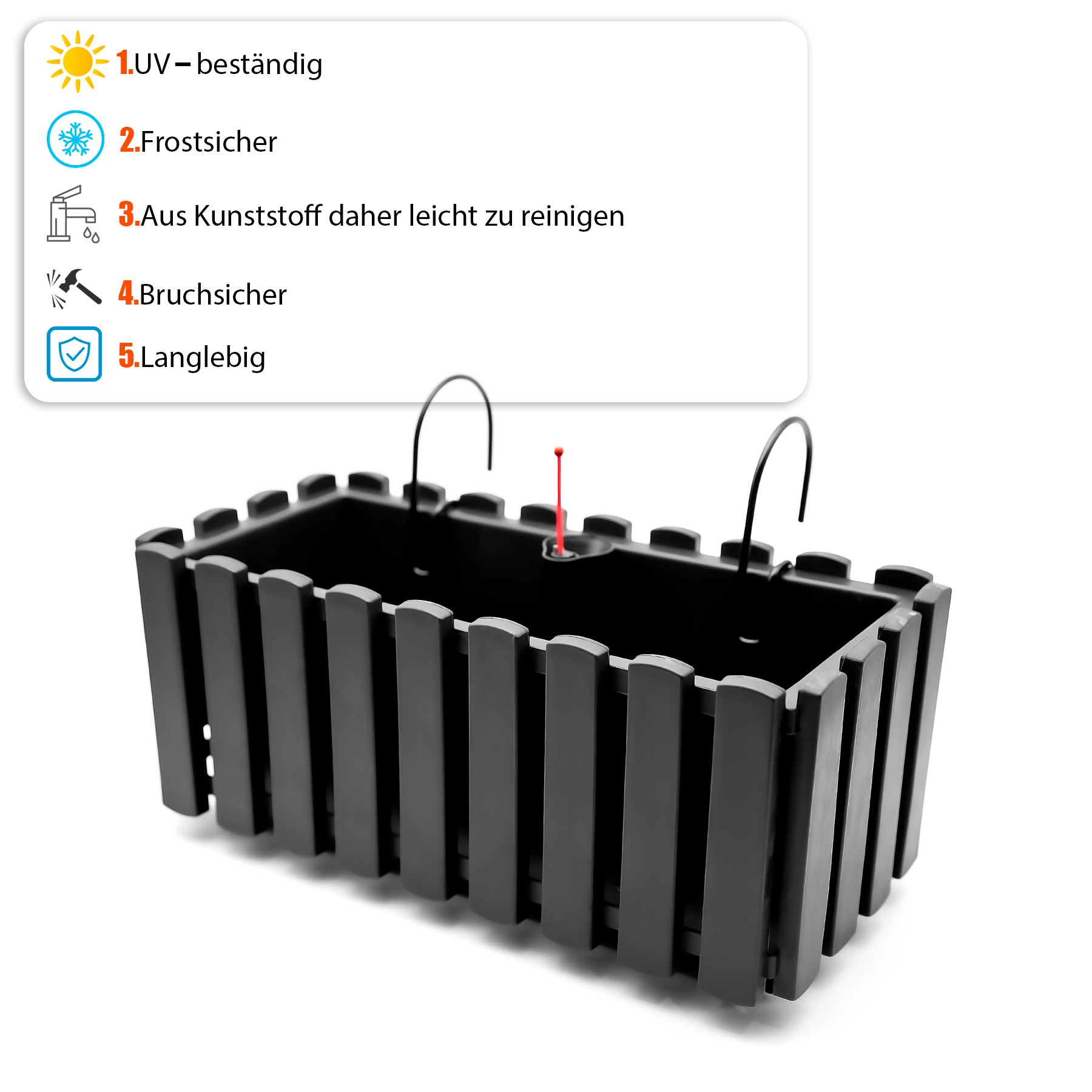 BigDean Balkonkasten Lattenzaun Optik in Anthrazit aus wetterfestem & robustem Kunststoff 40 cm– Balkonkasten mit Halterung & Wasserstandsanzeige – Made in Europe 2