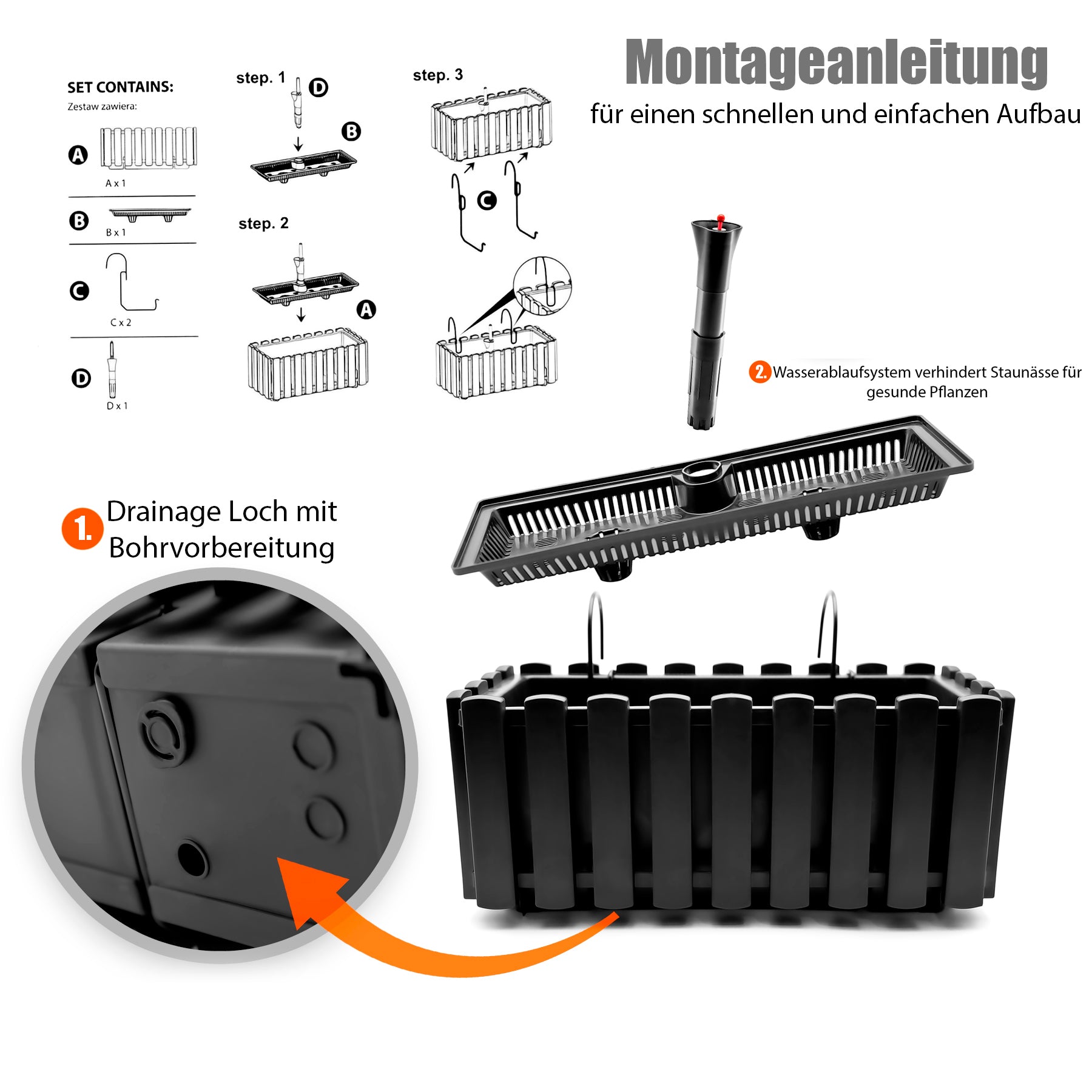 BigDean Balkonkasten Lattenzaun Optik in Anthrazit aus wetterfestem & robustem Kunststoff 40 cm– Balkonkasten mit Halterung & Wasserstandsanzeige – Made in Europe 6