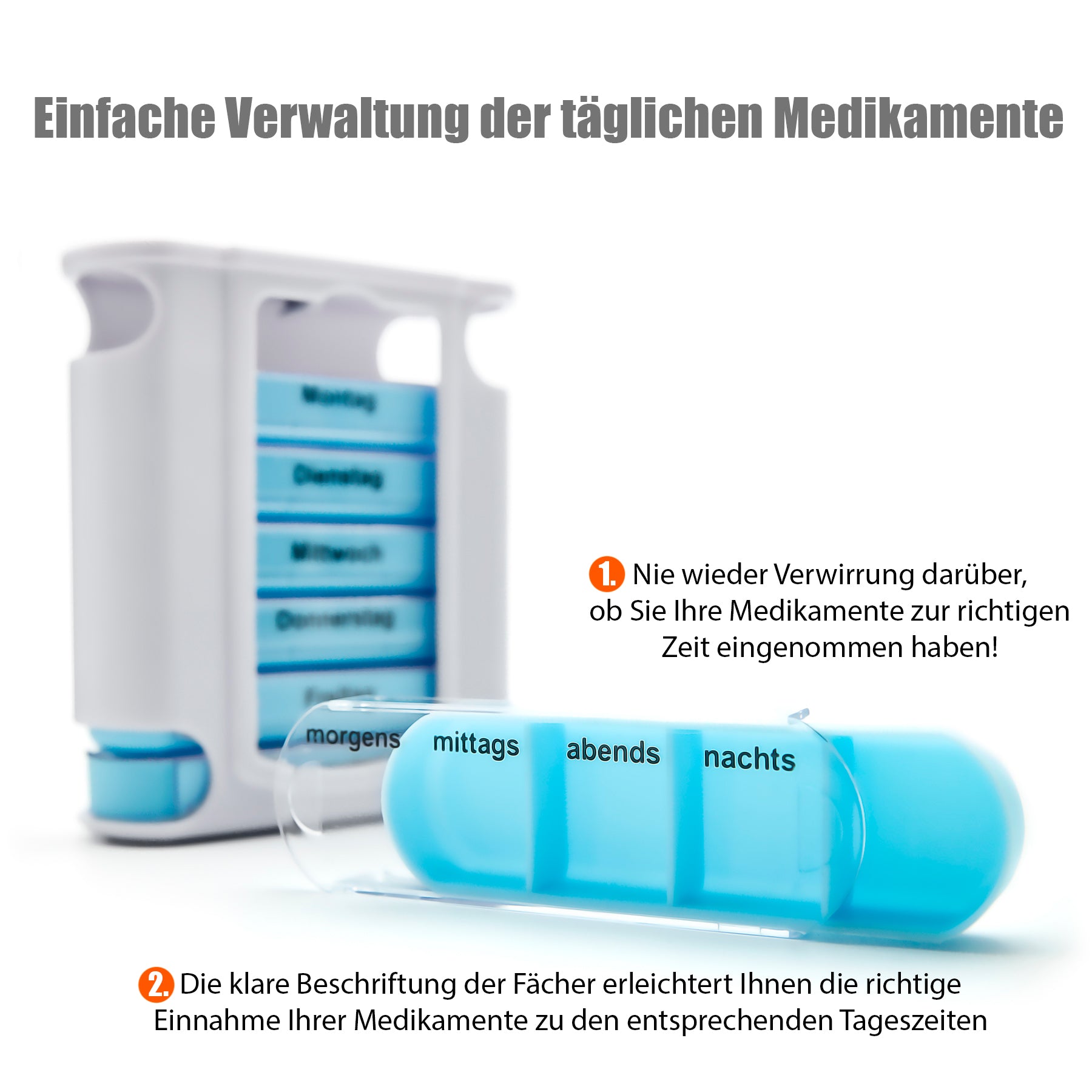 2 Stück Tablettenbox 7 Tage Morgens, Mittags, Abends & Nachts in Weiß – Medikamentenbox 2