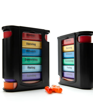 2 Stück Tablettenbox 7 Tage Morgens, Mittags, Abends & Nachts in Schwarz – Medikamentenbox