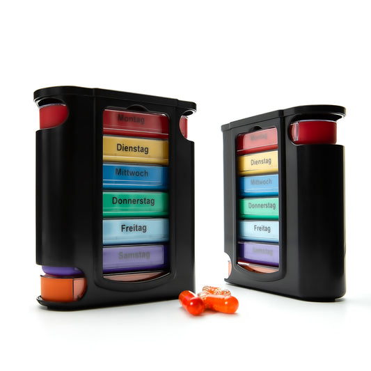 2 Stück Tablettenbox 7 Tage Morgens, Mittags, Abends & Nachts in Schwarz – Medikamentenbox