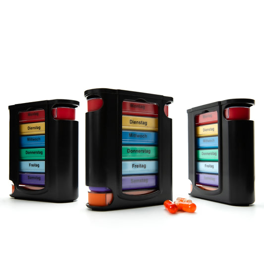 3 Stück Tablettenbox 7 Tage Morgens, Mittags, Abends & Nachts in Schwarz – Medikamentenbox
