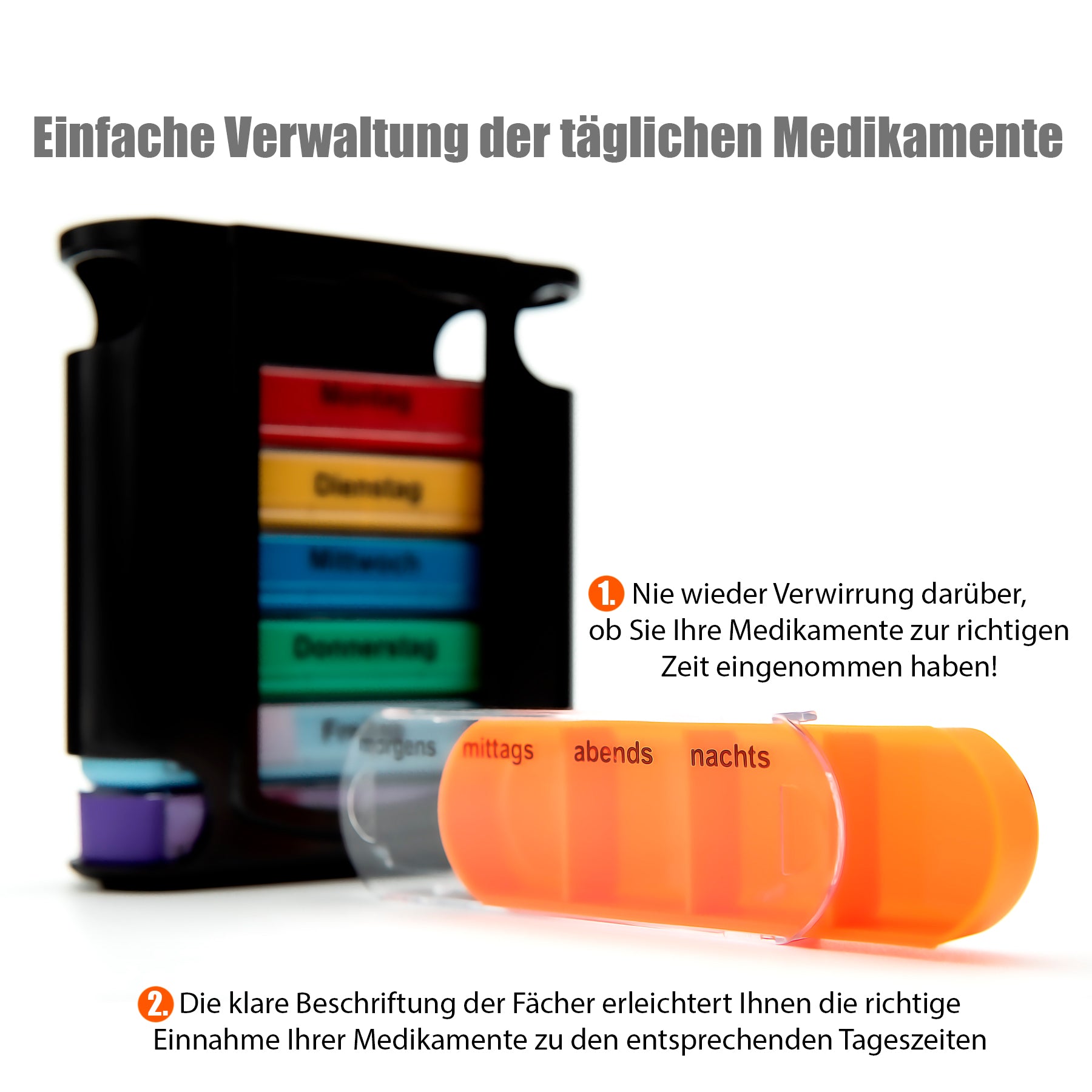 3 Stück Tablettenbox 7 Tage Morgens, Mittags, Abends & Nachts in Schwarz – Medikamentenbox 2