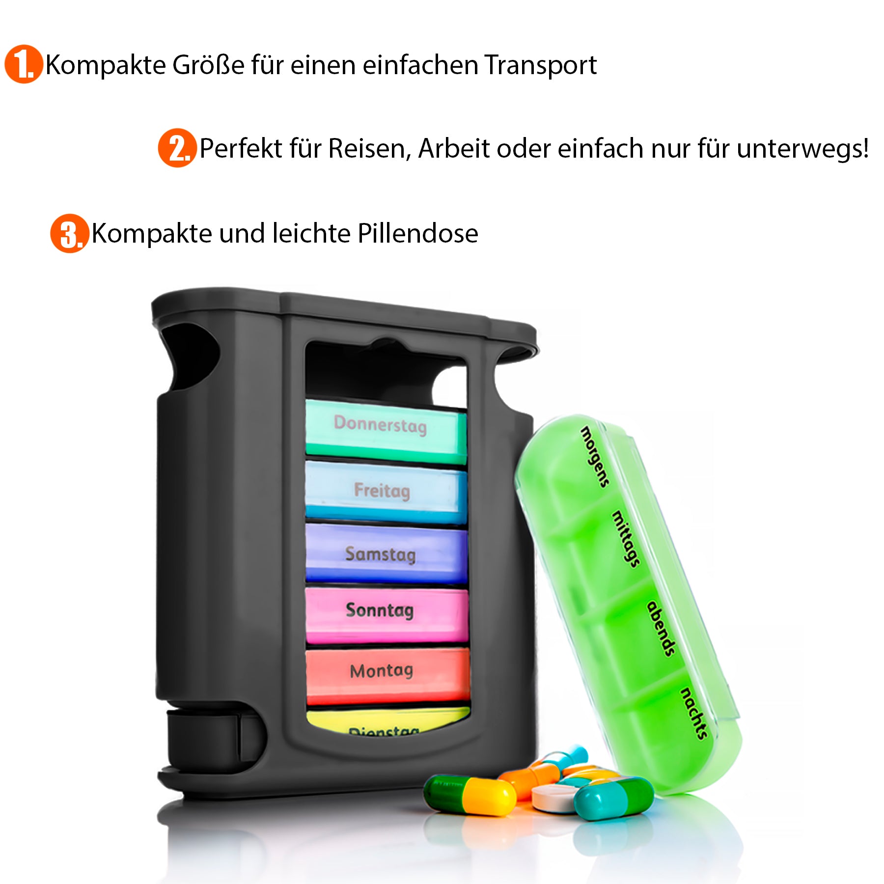 3 Stück Tablettenbox 7 Tage Morgens, Mittags, Abends & Nachts in Schwarz – Medikamentenbox 6