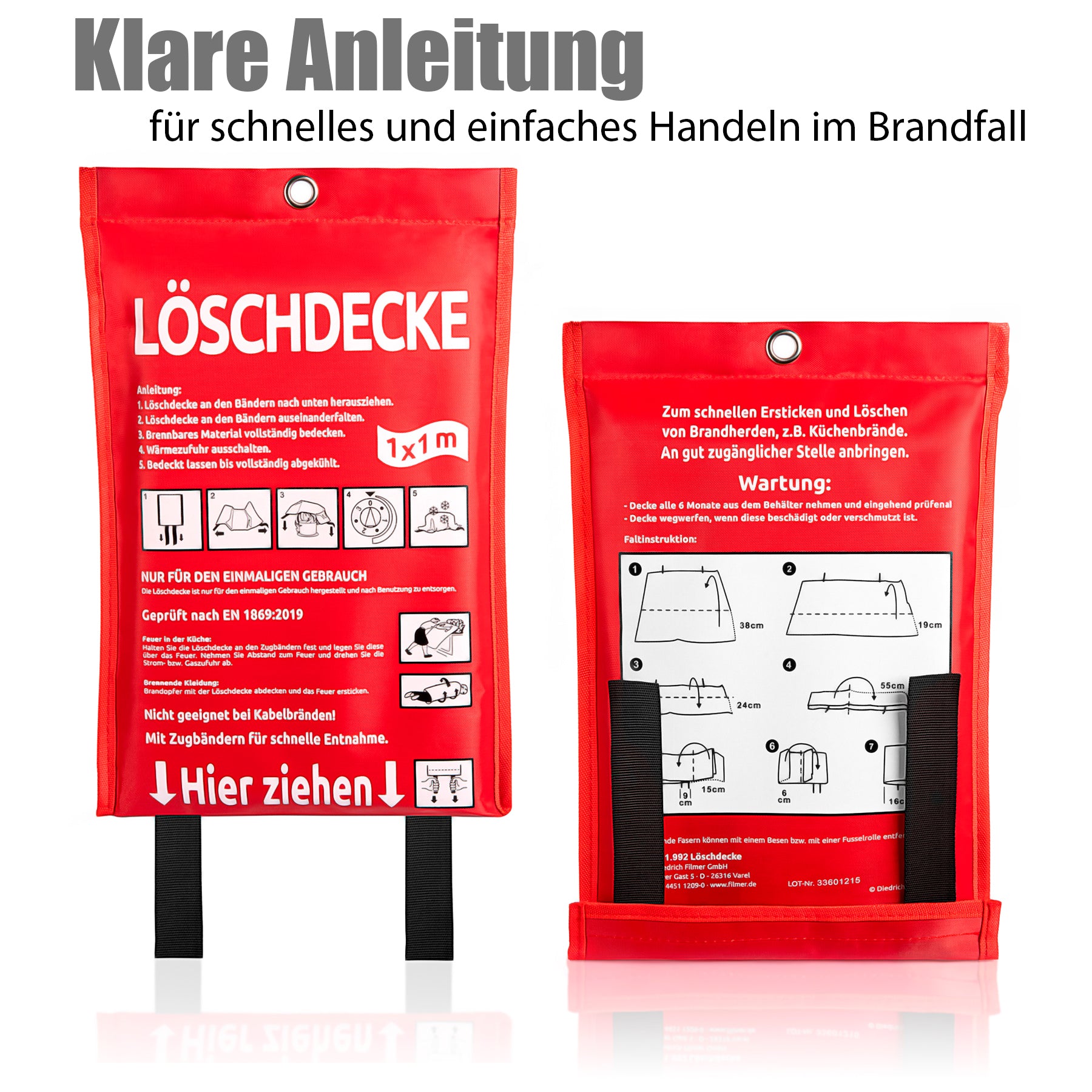 BigDean 2 Stück Löschdecke Küche für Fettbrand sofort einsetzbare XL Feuerlöschdecke DIN EN 6