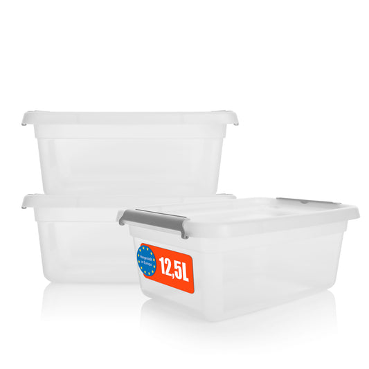 BigDean 3 Stück 12,5 L Aufbewahrungsbox mit Deckel transparent BPA- frei & lebensmittelecht – stapelbare robuste Aufbewahrungsbox – Aufbewahrungsboxen mit Klickverschluss