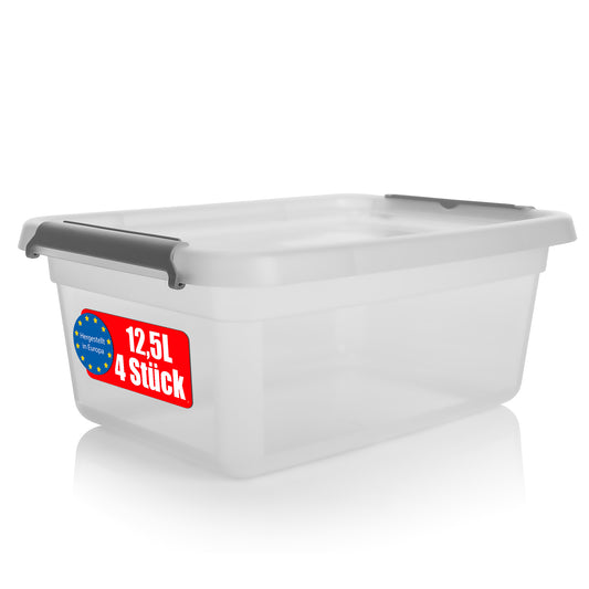 BigDean 4 Stück 12,5 L Aufbewahrungsbox mit Deckel transparent BPA- frei & lebensmittelecht – stapelbare robuste Aufbewahrungsbox – Aufbewahrungsboxen mit Klickverschluss