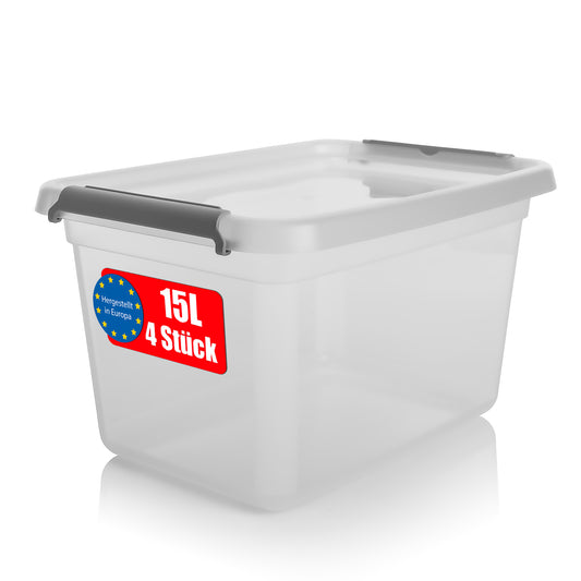 BigDean 4 Stück 15 L Aufbewahrungsbox mit Deckel transparent BPA- frei & lebensmittelecht – stapelbare robuste Aufbewahrungsbox – Aufbewahrungsboxen mit Klickverschluss