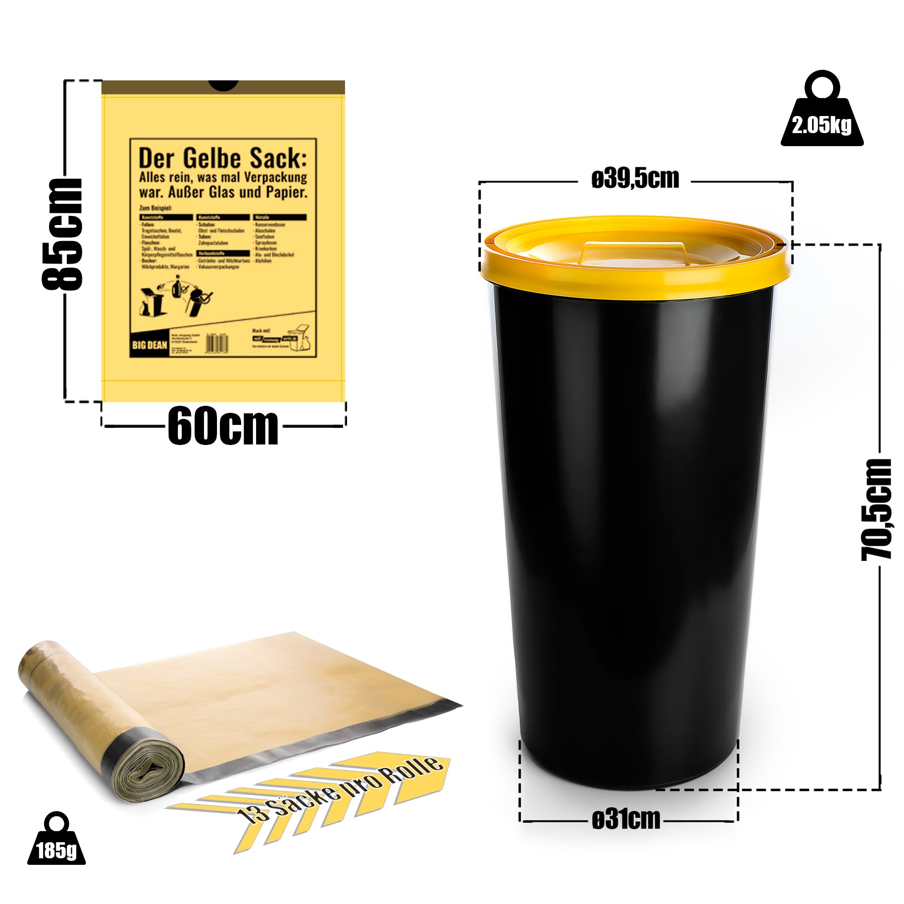 BigDean Gelber Sack Mülleimer 60L + 10 Rollen Gelber Sack – luftdichte gelbe Sack Tonne 3
