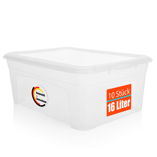 BigDean 10 Stück Aufbewahrungsbox mit Deckel 16L luftdicht & stapelbar aus lebensmittelechtem Kunststoff – Plastikbox transparent Made in Germany 