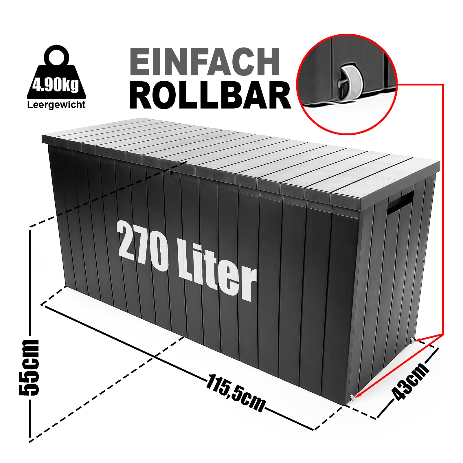 BigDean Gartenbox 270 L mit Rollen aus wetterfestem Kunststoff – Auflagenbox 6