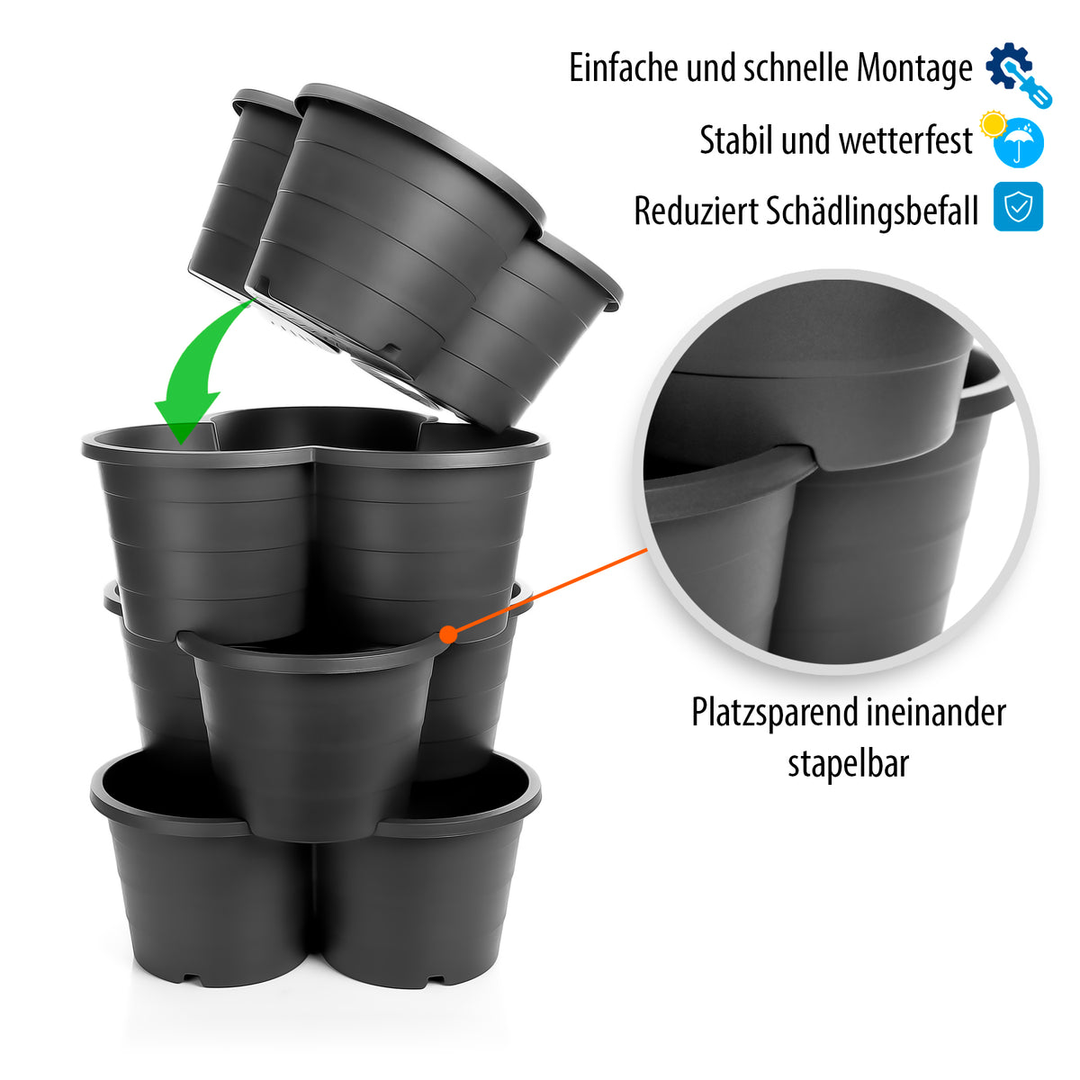BigDean 4er Set Pflanzturm ideal für Erdbeeren, Kartoffeln & Kräuter – Kartoffelturm stapelbar in Anthrazit – Erdbeerturm aus wetterfestem Kunststoff & Made in Europe image 4