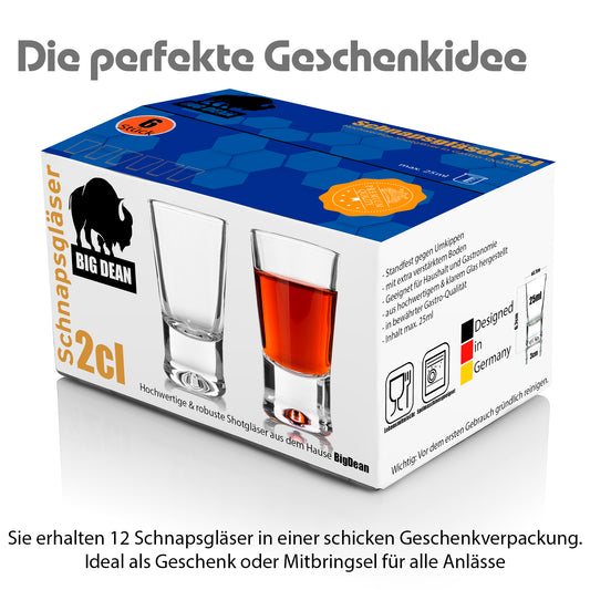 BigDean 12 Stück Schnapsgläser 2cl in Geschenkbox – hochwertige Shotgläser lebensmittelecht 2