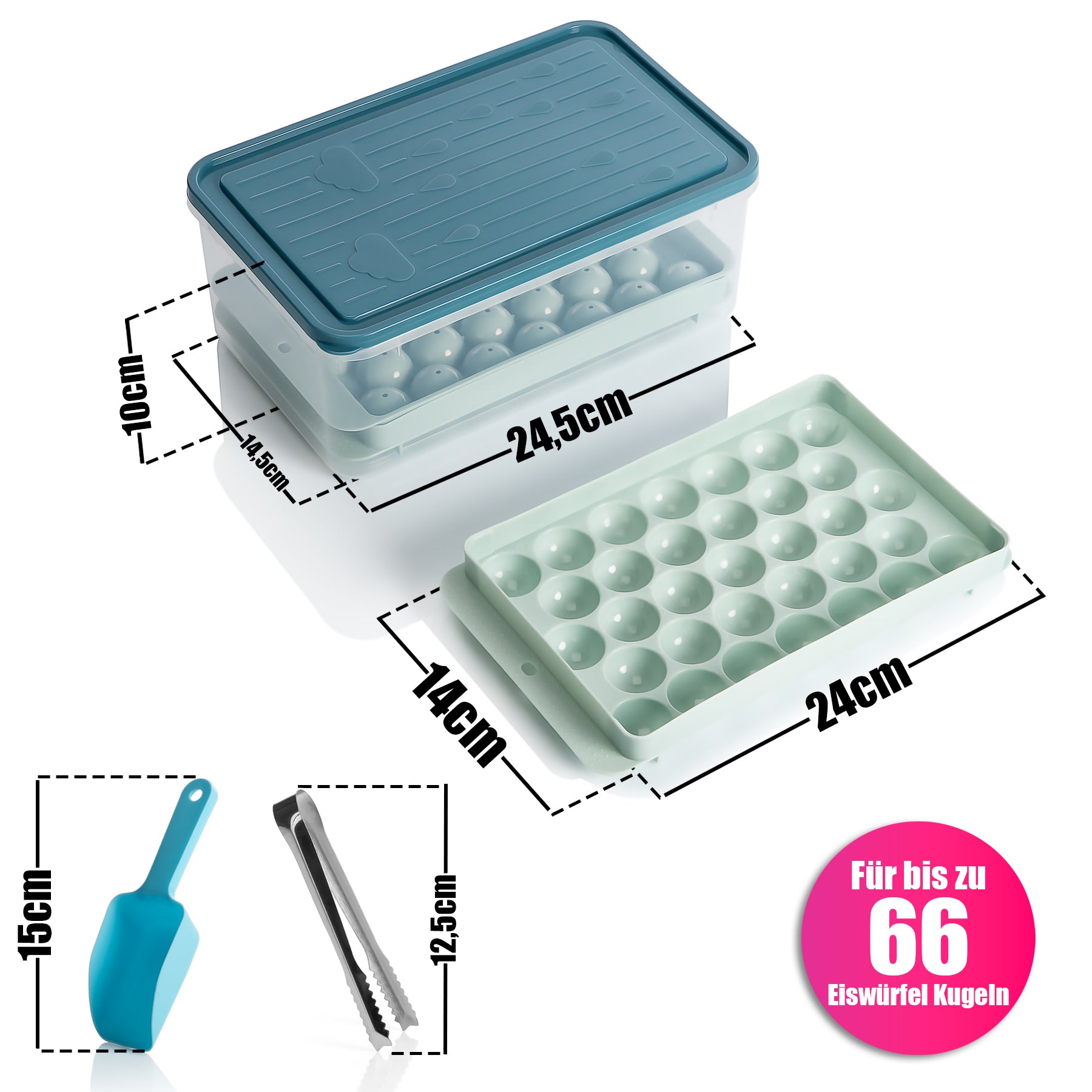 BigDean Eiswürfelform mit Deckel & Zubehör für bis zu 66 Eiswürfel – Eiswürfelbehälter 3