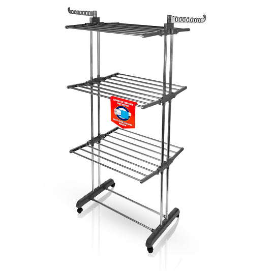 Wäscheständer Turm mit 3 Ebenen und 4 Rollen in Grau - Wäscheständer platzsparend