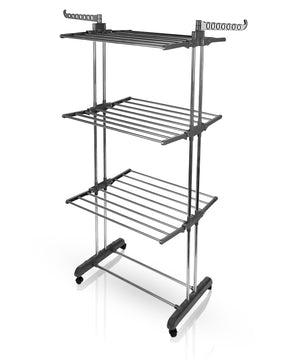 BigDean Wäscheständer Turm mit 3 Ebenen und 4 Rollen in Grau - Wäscheständer platzsparend 6