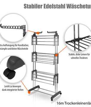 BigDean Wäscheständer Turm mit 3 Ebenen und 4 Rollen in Grau - Wäscheständer platzsparend 2