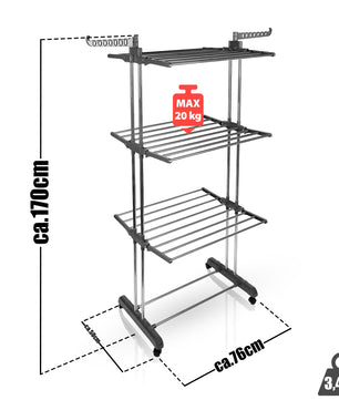BigDean Wäscheständer Turm mit 3 Ebenen und 4 Rollen in Grau - Wäscheständer platzsparend 3
