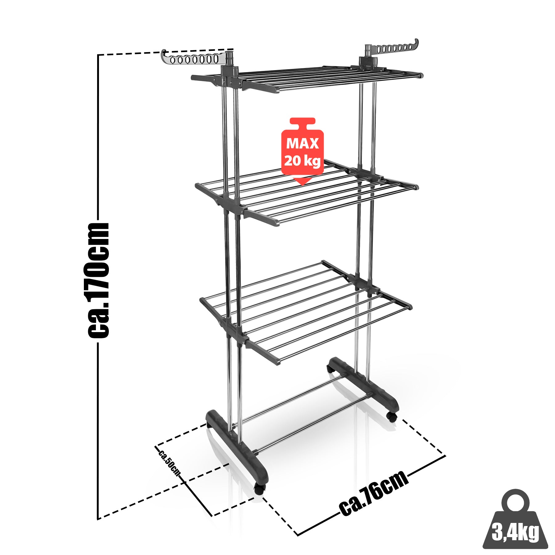 BigDean Wäscheständer Turm mit 3 Ebenen und 4 Rollen in Grau - Wäscheständer platzsparend 3