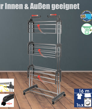 BigDean Wäscheständer Turm mit 3 Ebenen und 4 Rollen in Grau - Wäscheständer platzsparend 4