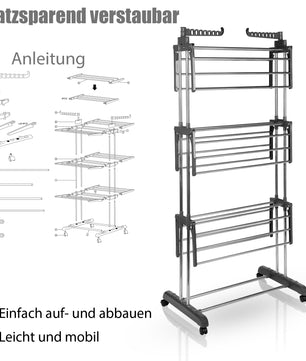 BigDean Wäscheständer Turm mit 3 Ebenen und 4 Rollen in Grau - Wäscheständer platzsparend 5
