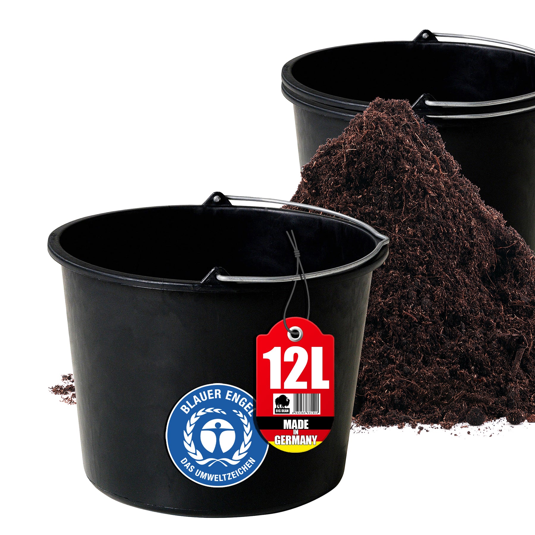 3x Baueimer 12l - Mörteleimer mit Henkel - Eimer für Baustelle & Garten - Blauer Engel