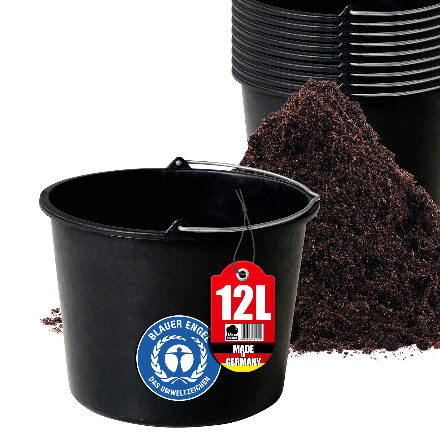 10x Baueimer 12l - Mörteleimer mit Henkel - Eimer für Baustelle & Garten - Blauer Engel