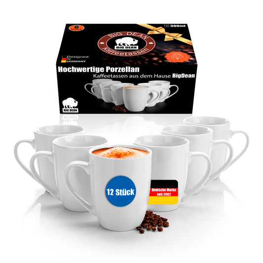 12 Stück Kaffeebecher 300ml aus hochwertigem echtem Porzellan - Tassen zum Bemalen - in Geschenkbox