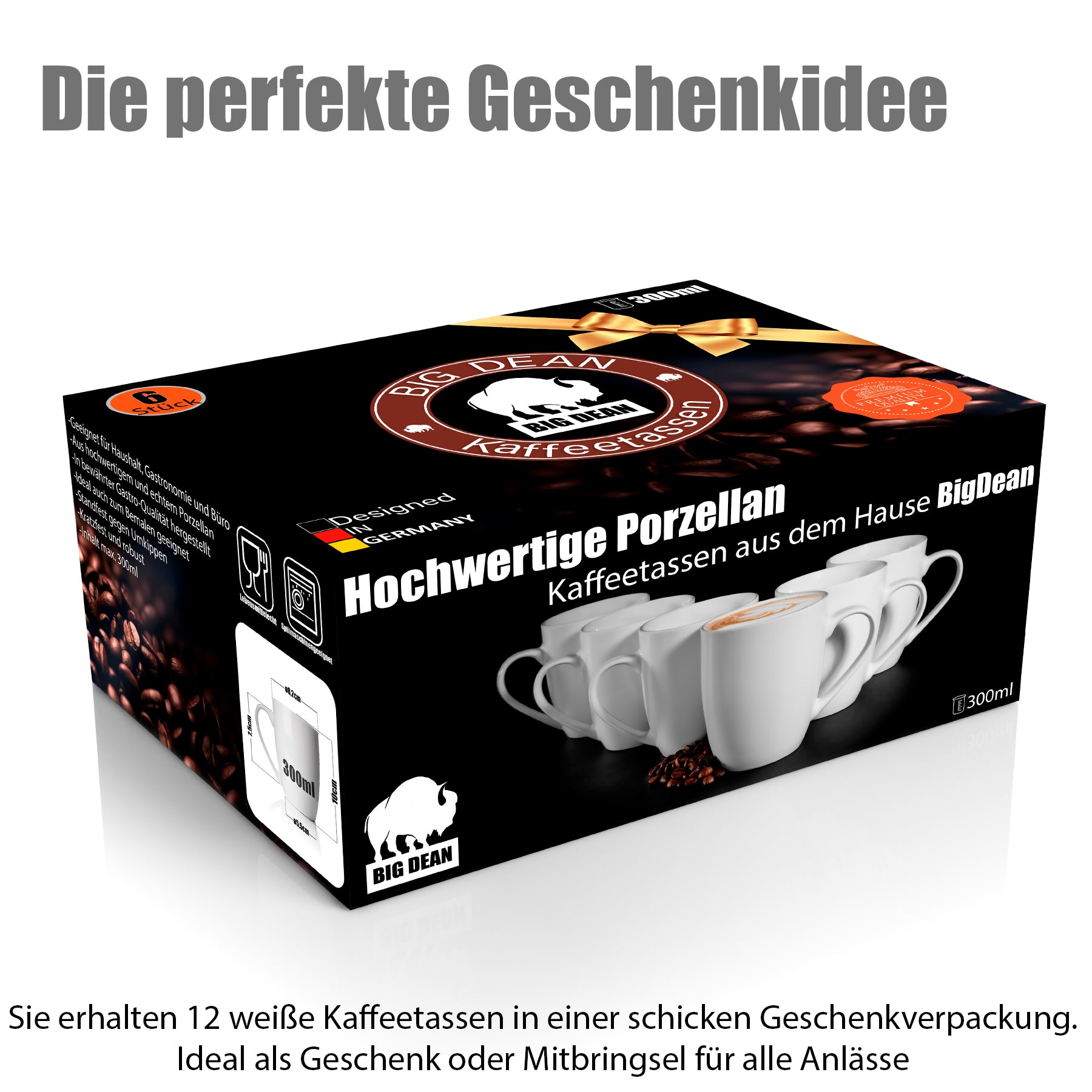 12 Stück Kaffeebecher 300ml aus echtem Porzellan - Tassen zum Bemalen - in Geschenkverpackung 2