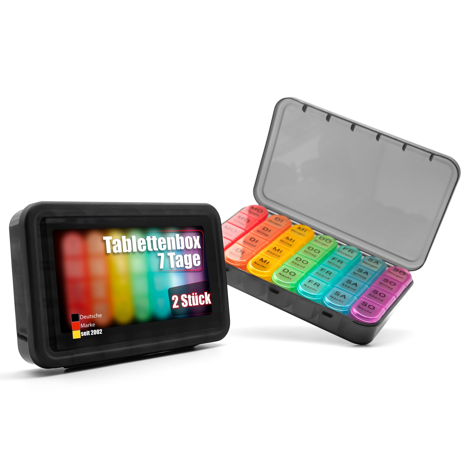 BigDean 2 Stück Tablettenbox 7 Tage luftdicht & lebensmittelecht – Medikamentenbox Morgens, Mittags, Abends & Nacht – im Regenbogen Design