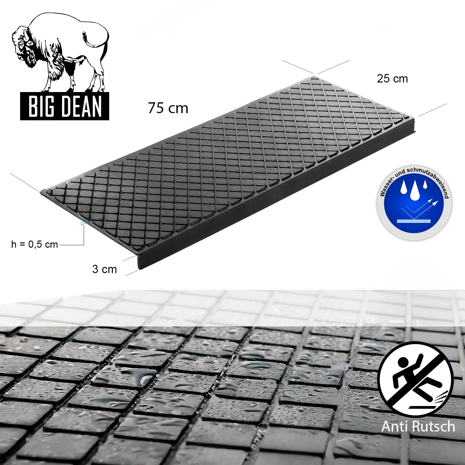 BigDean 3 Stück Stufenmatten aus Gummi – 75 x 25 cm – Outdoor Treppenstufenmatten  3