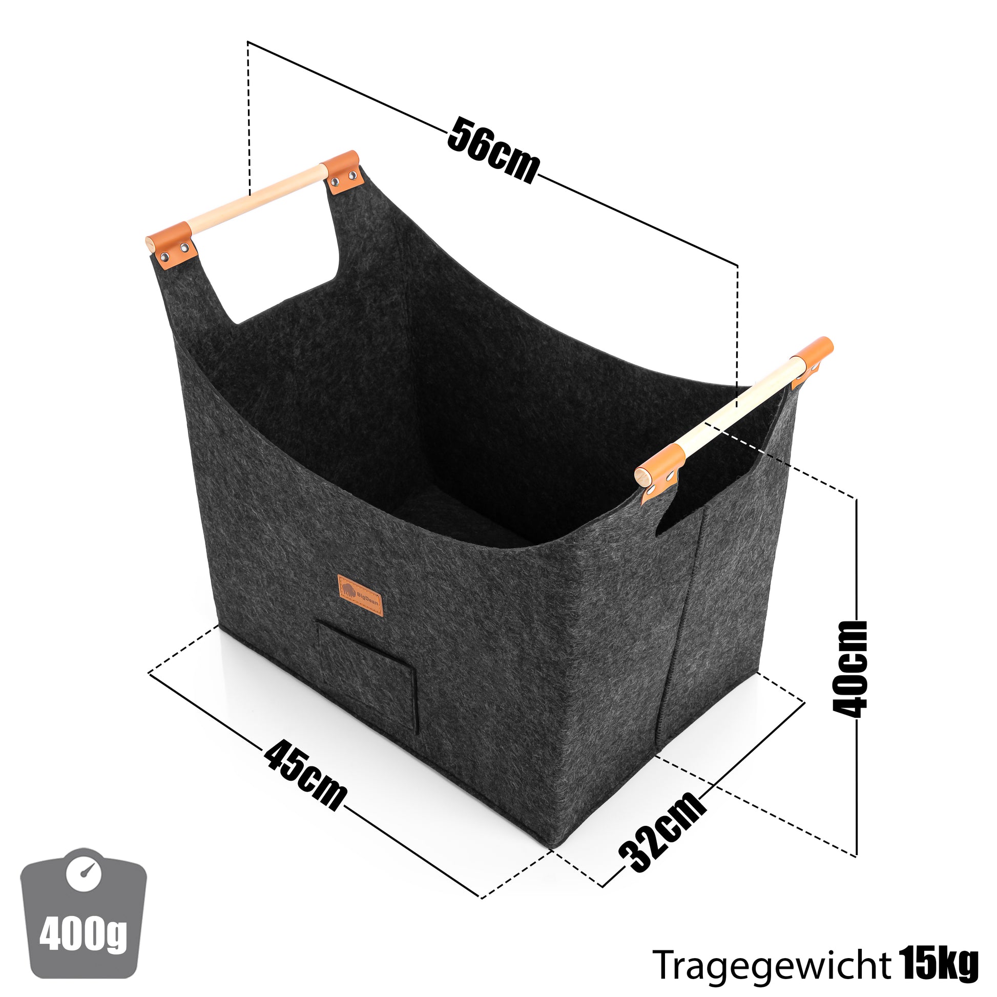 BigDean Holzkorb für Kaminholz belastbar bis 15kg – Brennholzkorb aus robustem Filz 3