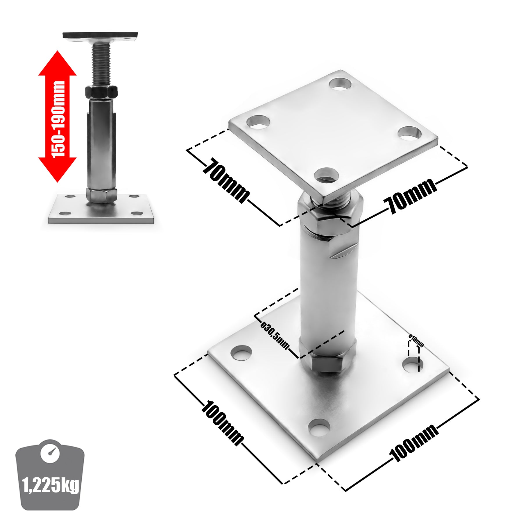 BigDean 2 Stück Pfostenträger höhenverstellbar Höhe 150 – 190mm – verzinkt & zum Aufschrauben 3