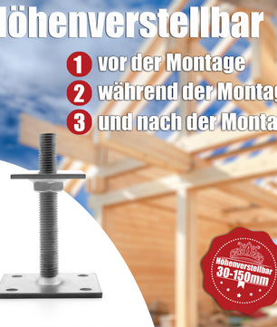 2 Stück Pfostenträger höhenverstellbar Höhe 30– 150mm – verzinkt & zum Aufschrauben 2