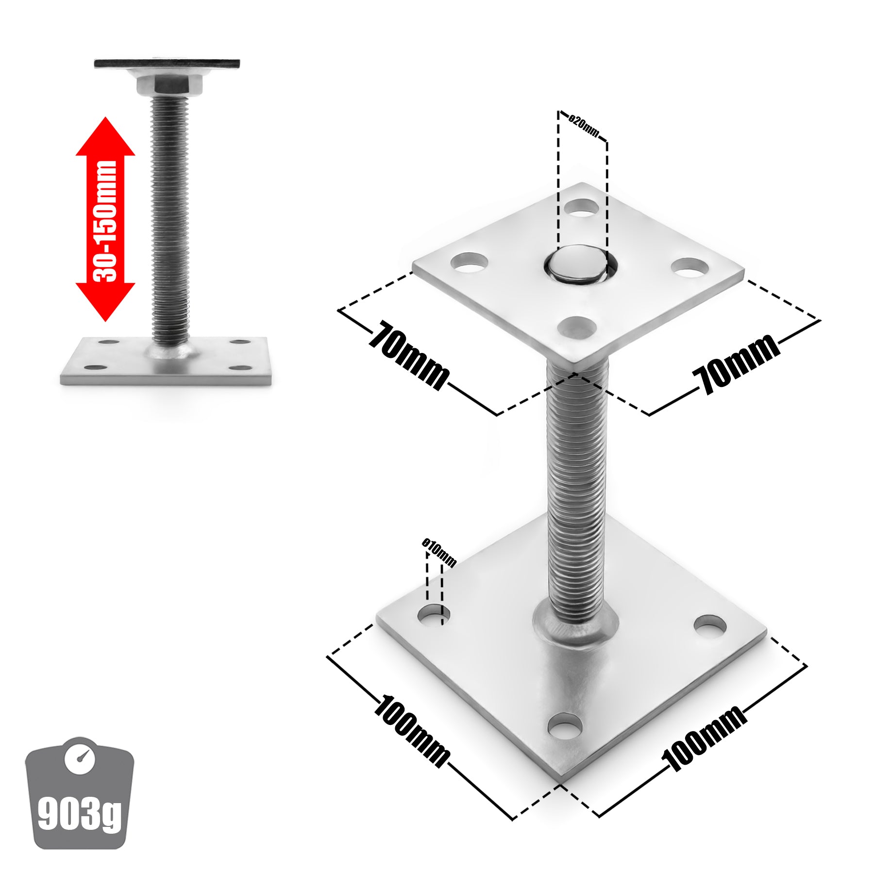 BigDean 4 Stück höhenverstellbar Höhe 30– 150mm – verzinkt & zum Aufschrauben 3