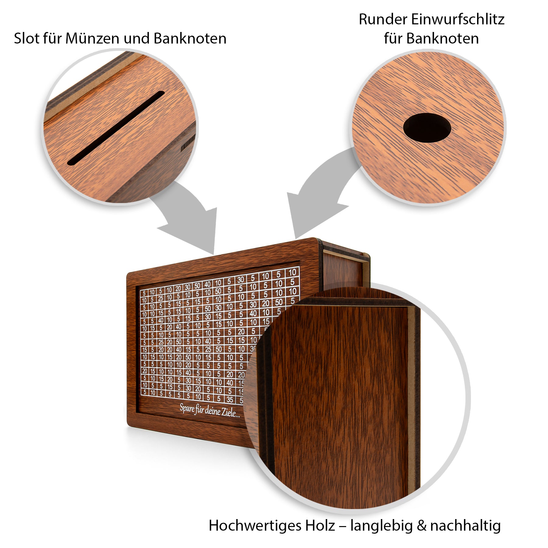 BigDean Spardose mit Ziel 1000€ aus Holz – Sparbox mit Geschenkverpackung 2