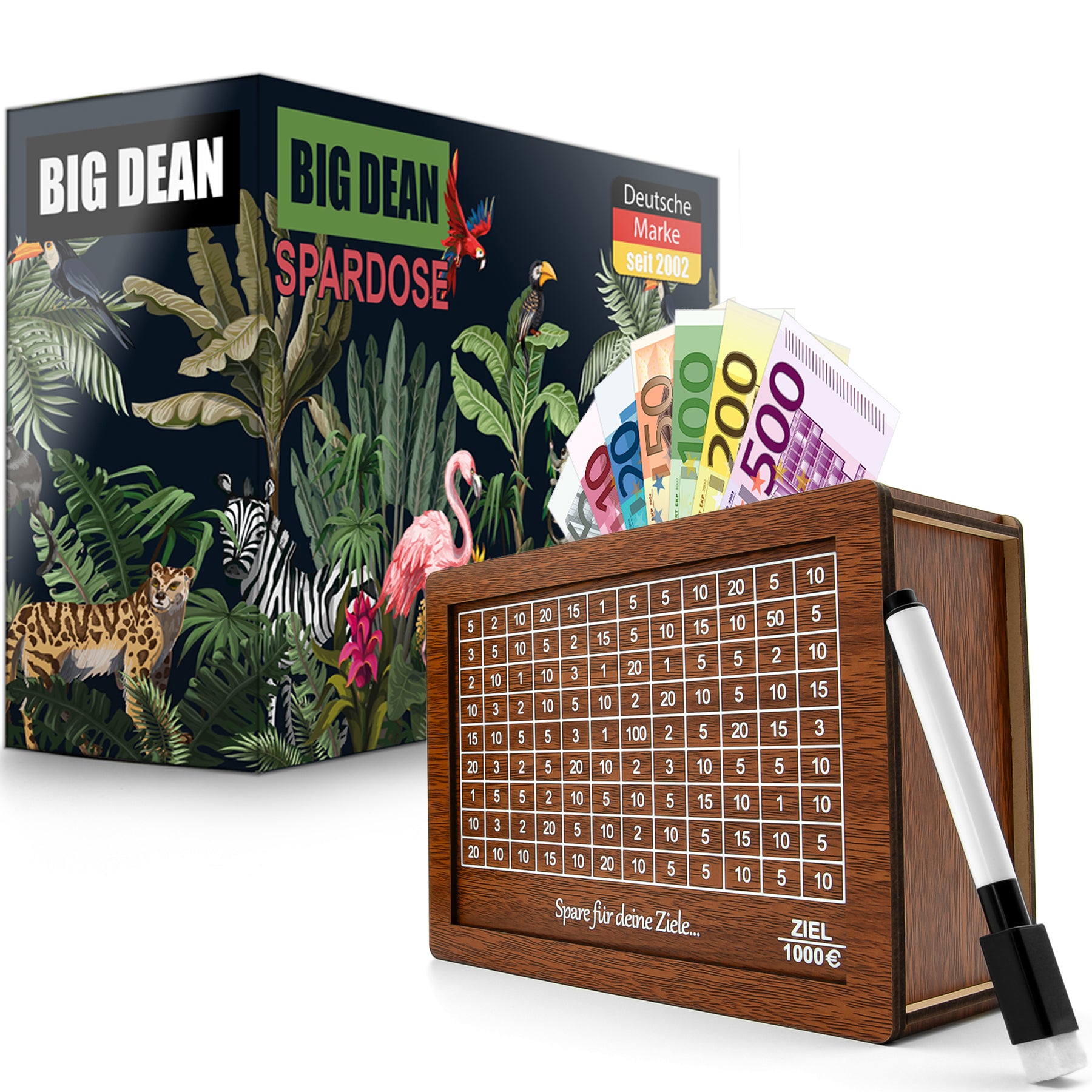 BigDean Spardose mit Ziel 1000€ aus Holz – Sparbox in Geschenkverpackung
