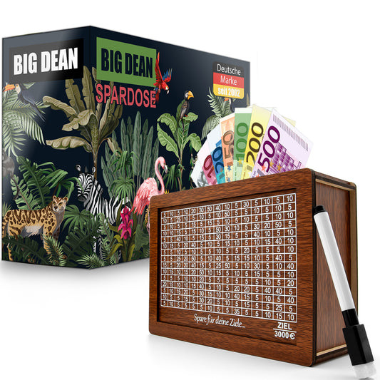 BigDean Spardose mit Ziel 3000€ aus Holz – Sparbox in Geschenkverpackung
