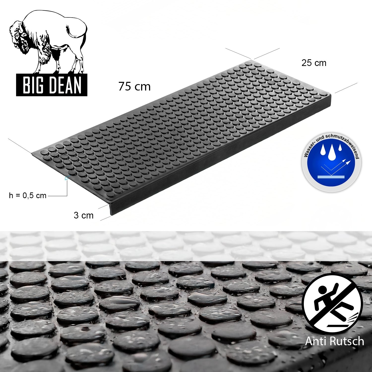 3 Stück Stufenmatten aus Gummi – 75 x 25 cm – Outdoor Treppenstufenmatten  3