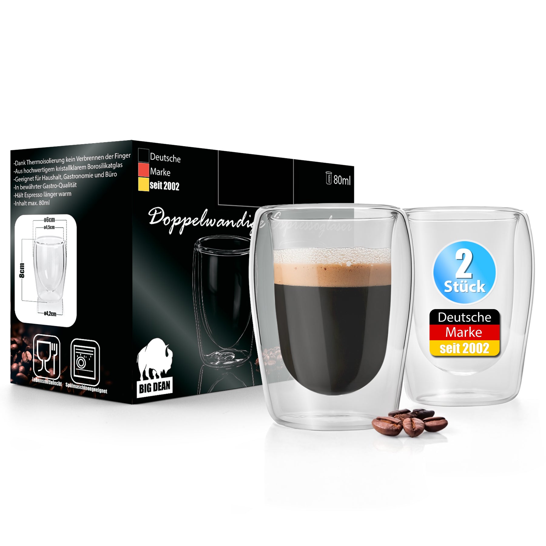 BigDean 2 Stück doppelwandige Espressotassen 80 ml in Gastro-Qualität - Espressotassen Set in Geschenkverpackung