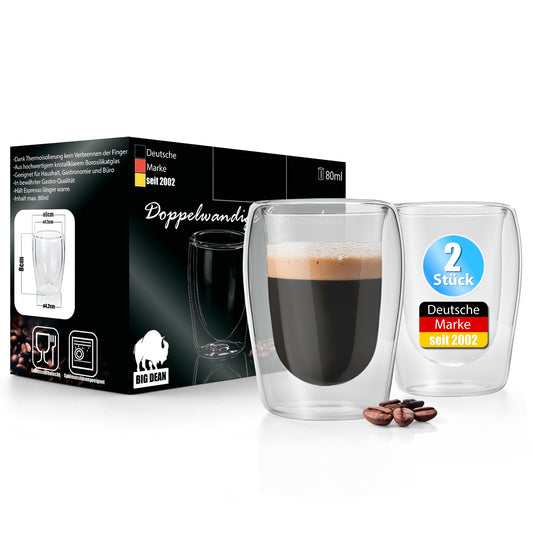 BigDean 2 Stück doppelwandige Espressotassen 80 ml in Gastro-Qualität - Espressotassen Set in Geschenkverpackung