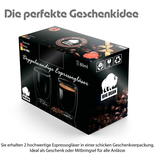 BigDean 2 Stück doppelwandige Espressotassen 80 ml in Gastro-Qualität - Espressotassen 2