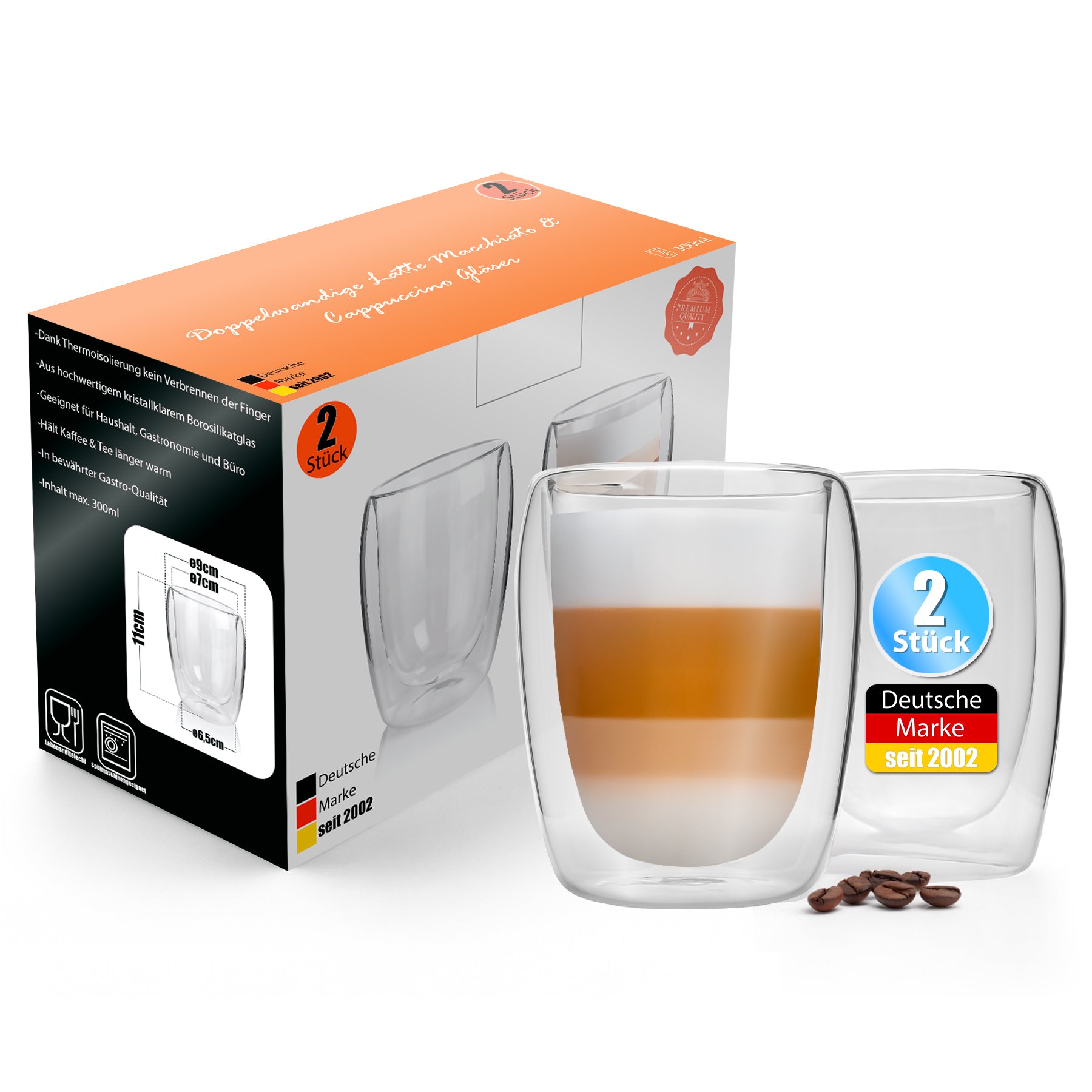 BigDean 2 Stück doppelwandige Latte Macchiato Gläser 300 ml – Kaffeegläser in Geschenkverpackung